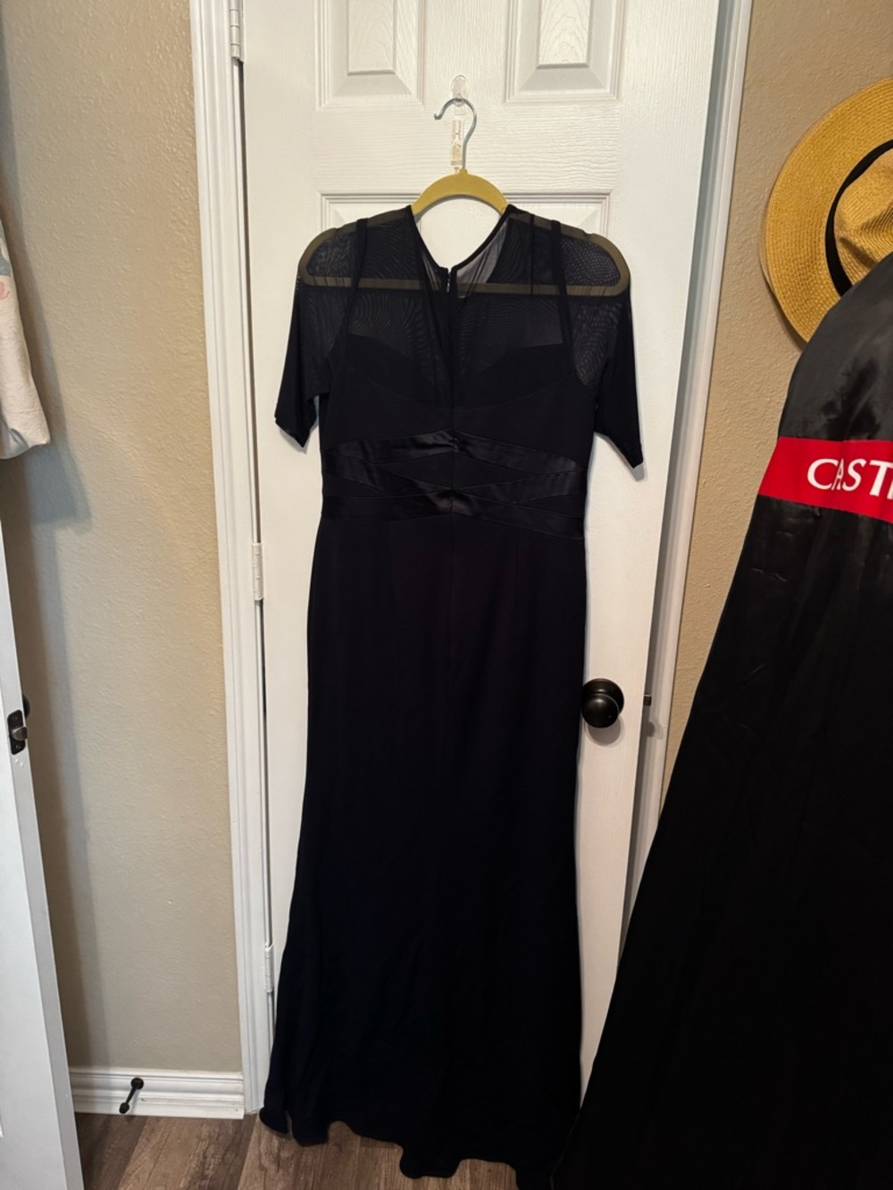 Adrianna Papell Black Mesh Yoke Satin Waist Maxi Dress